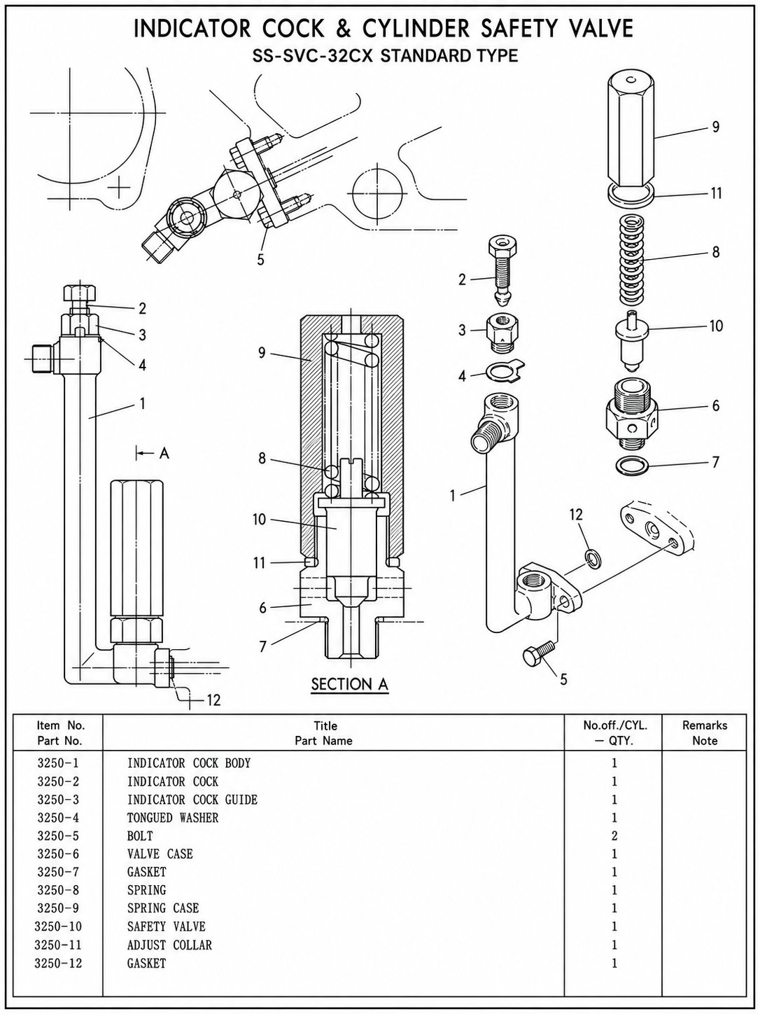 SS-SVC-32CX Standard Type 도면 — Indicator Cock & Cylinder Safety Valve 부품 분해도